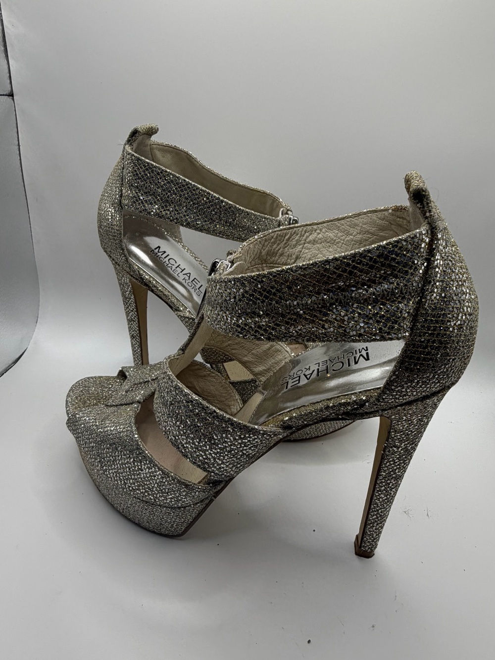Michael Kors Silver Glitter Strappy Platform Heels